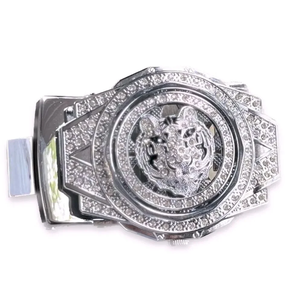 Silver Tone Tiger Ratchet Belt Buckle with Rhinestones - Statement Piece